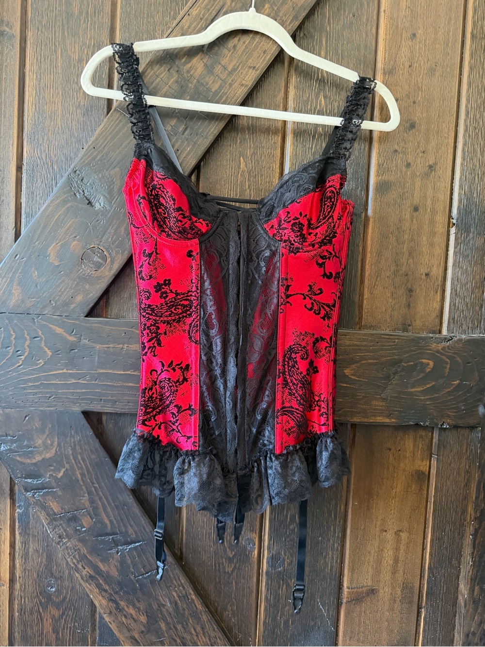 Shirley of Hollywood Red Black Lace Corset Bustier Lingerie Top Size 32 Goth
